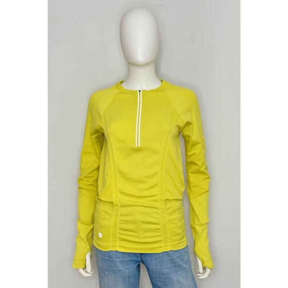 Athleta 1/4 Zip Pullover Womens M Yellow Long Sleeve Thumb Holes Crew Neck Logo - Picture 1 of 12